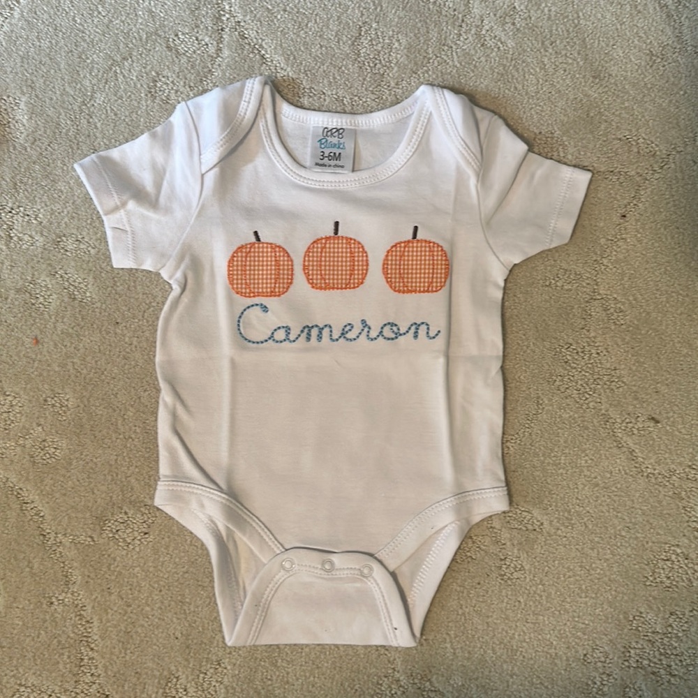 NWT - Cameron Gingham Pumpkin - Embroidered Onesie - 3-6 months